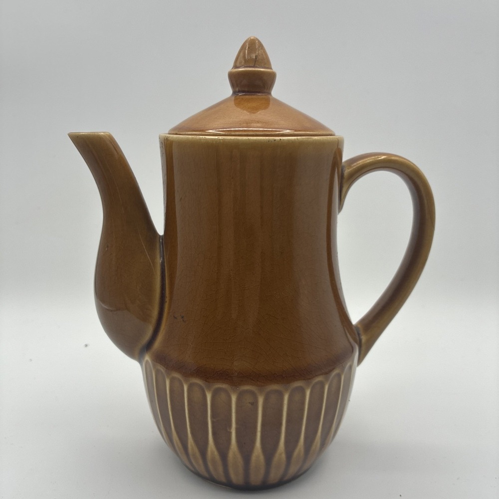 Vintage Ceramic Coffee Tea Pot with Lid Brown Tan Japan Crazed Finish